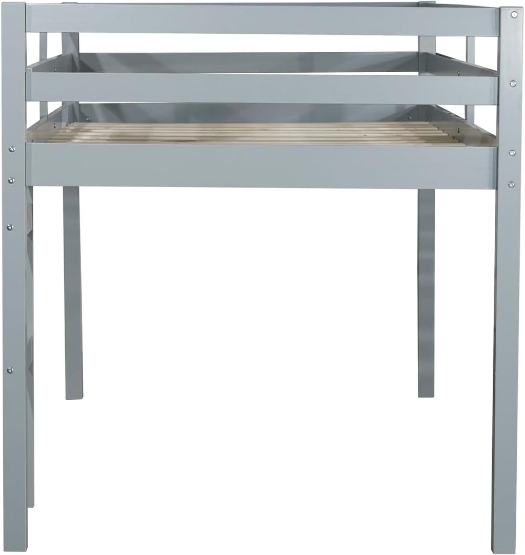 JIVOIT Wood Low Loft Bed Frame with Ladder, Solid Rubber Wooden Twin Loft Bed, Bed Platform of Strengthened Slats, Space Saving Design, No Box Spring Needed (Gray,104)