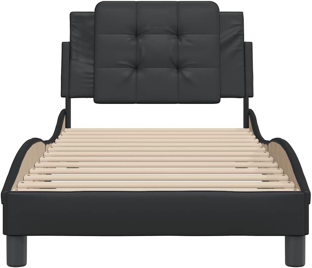 Modern Faux Leather Single Bed Frame Black Durable Sturdy Pine Wood Construction with Cushioned Headboard for Space Saving Design