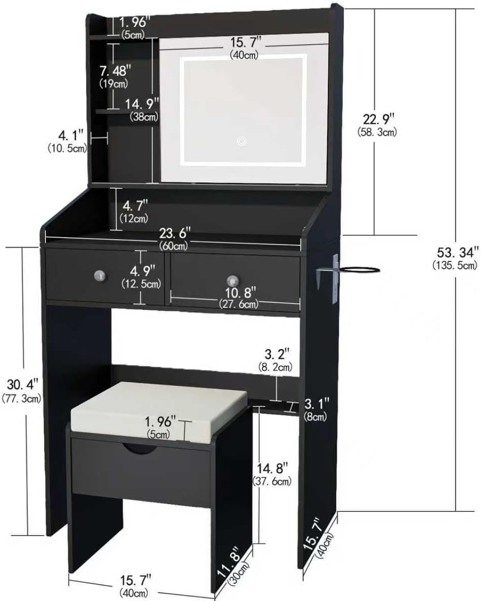 Viaozutis Vanity, Small Vanity Desk with Sliding Mirror, Dimmable LED Lights, 2 Drawers,Vanity Table Ideal for Bedroom (Black)