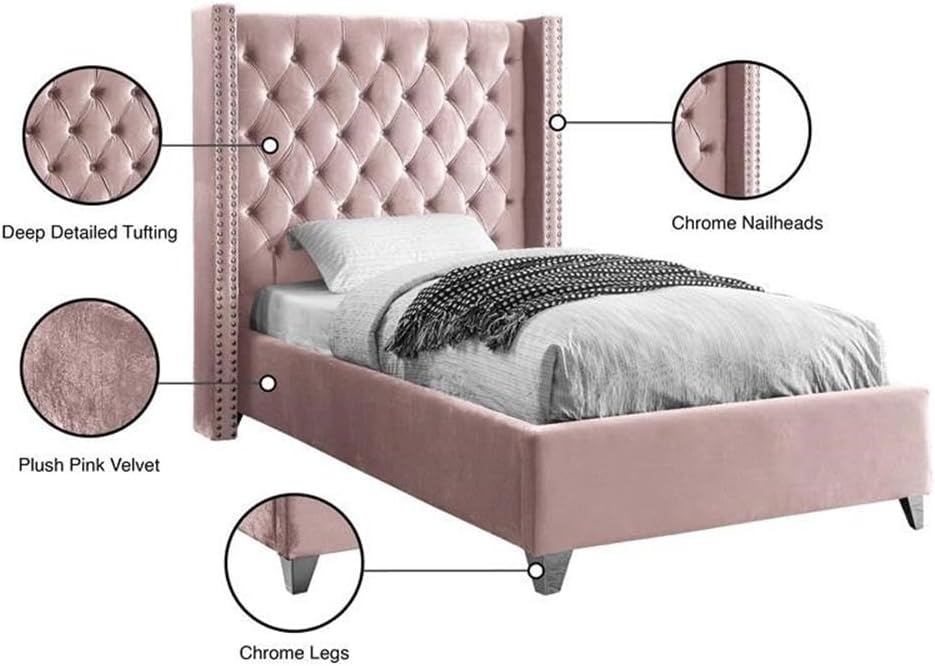 Meridian Furniture Aiden Collection Modern | Contemporary Velvet Upholstered Bed with Deep Button Tufting, Solid Wood Frame, and Custom Chrome Legs, Twin, Pink