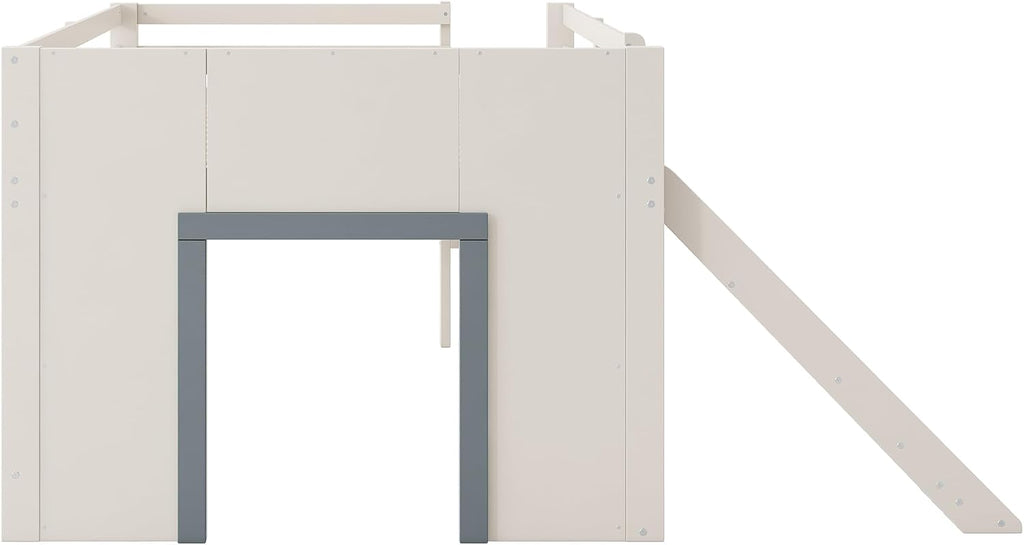 JIVOIT Wooden Low Loft Bed with Slide, Full Size Loft Bed with Three Storage Drawers and Two Doors, Wood Slat Support, No Box Spring Required