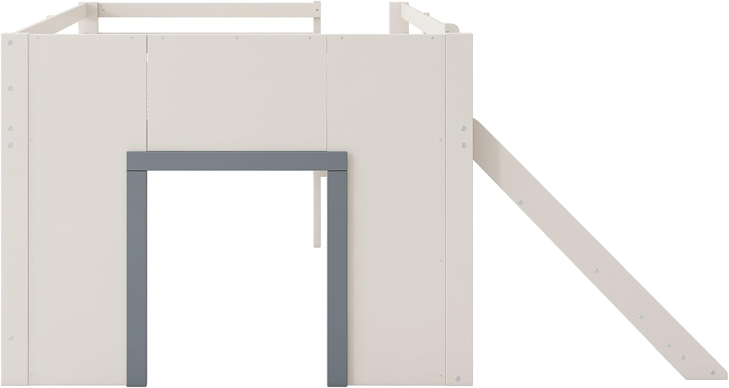 JIVOIT Wooden Low Loft Bed with Slide, Full Size Loft Bed with Three Storage Drawers and Two Doors, Wood Slat Support, No Box Spring Required