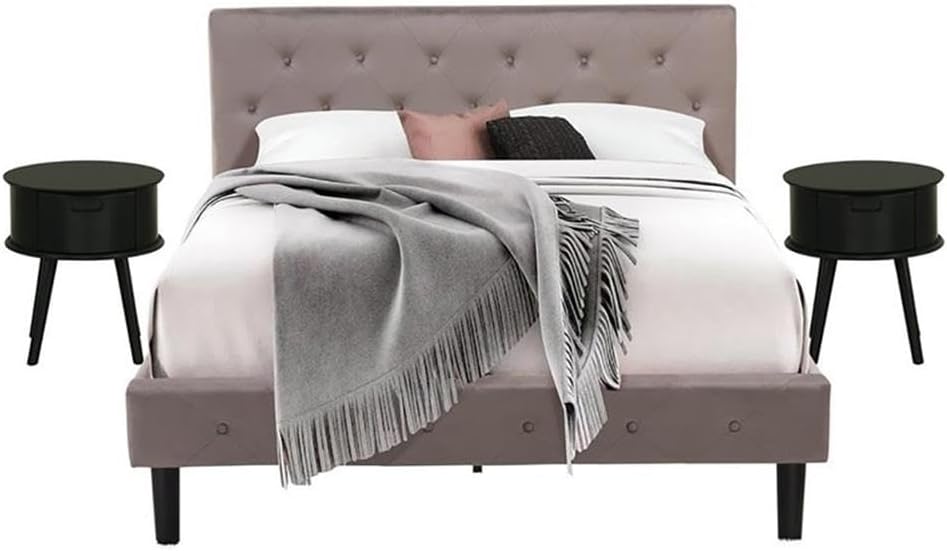East West Furniture NL14Q-2GO11 3 Piece Bedroom Set - Button Tufted Queen Size Bed - Brown Taupe Velvet Fabric Upholstered Headboard and a Black Finish Nightstand