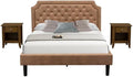 East West Furniture GB28Q-2GA08 3-Piece Granbury Bedroom Furniture Set with Button Tufted Upholstered Bed and 2 Antique Walnut Small Nightstands - Brown Faux Leather with Brown Texture and Black Legs