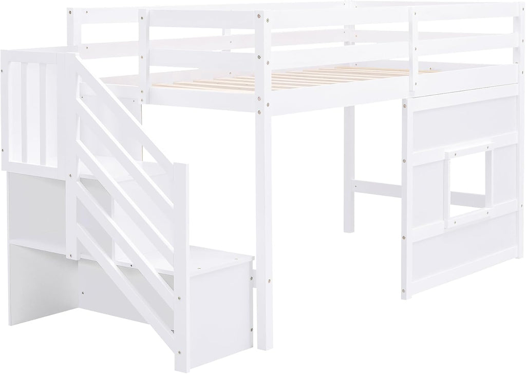 Low Loft Bed with Storage Staircase and Window, Twin Size Loft Bed with Guardrails and Wood Slats Support, Solid Wood Bed Frame, Space Saving Design, No Box Spring Need (White,Staircase+Window)