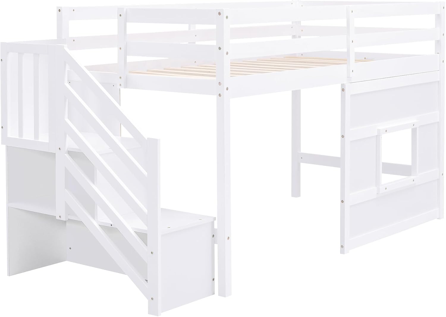 Low Loft Bed with Storage Staircase and Window, Twin Size Loft Bed with Guardrails and Wood Slats Support, Solid Wood Bed Frame, Space Saving Design, No Box Spring Need (White,Staircase+Window)
