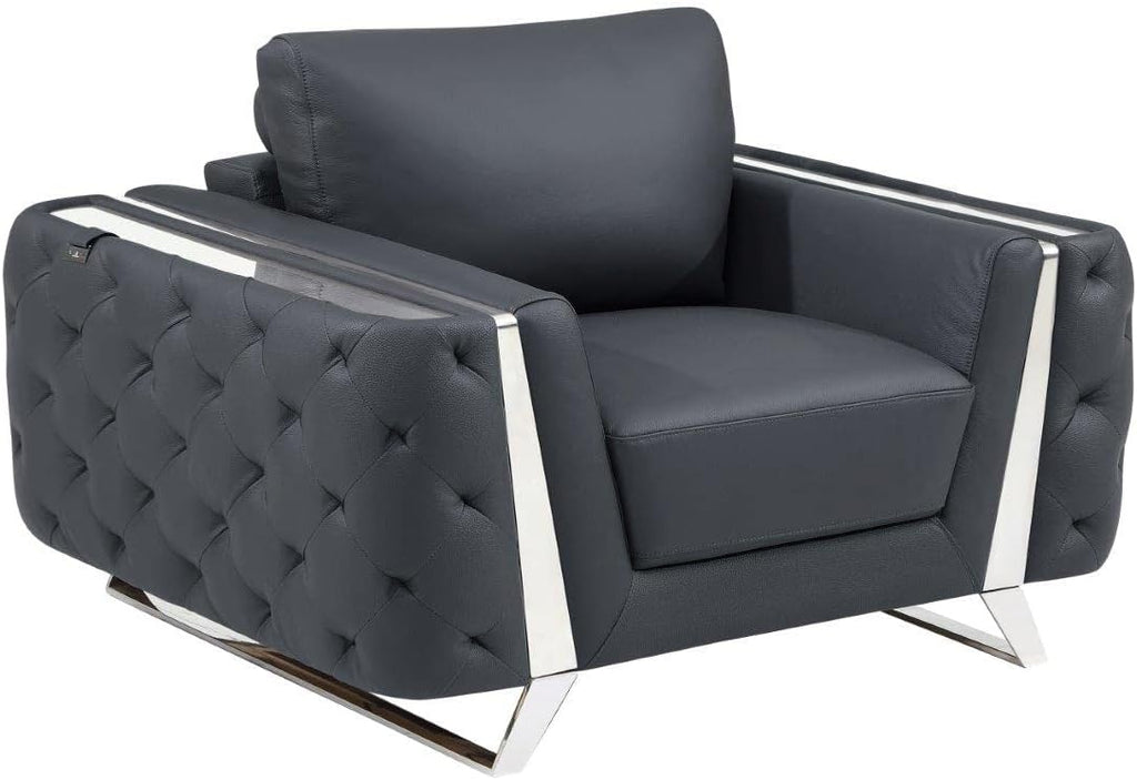 Blackjack Furniture Reggio Collection Full Grain Italian Leather Sofas for Living Room with Brazilian Wood Frame and Stainless Steel Legs, 3-Piece Set, Sofa, Loveseat, and Chair, Dark Gray