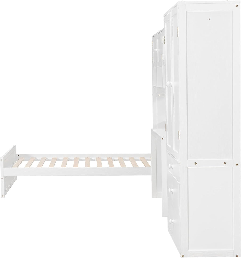 Multifunctional Design Twin Size Platform Bed with All-in-One Vertical Cabinet Bookcase and Desk, Solid Wood Platform Bed Frame with Storage Headboard, Drawers and Shelves (White-1.2)