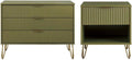 Pemberly Row 2-Piece MDF Bedroom Dresser Set, Olive Green Finish, Includes 3-Drawer Dresser and 1.0 Nightstand, Ribbed Drawer Fronts, Gold Metal Handles and Legs, Modern Glam Storage for Bedroom