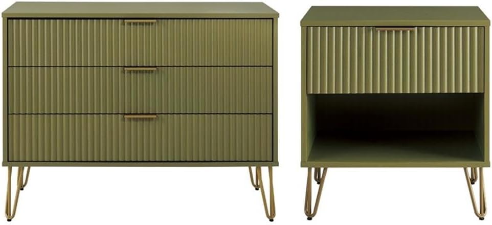Pemberly Row 2-Piece MDF Bedroom Dresser Set, Olive Green Finish, Includes 3-Drawer Dresser and 1.0 Nightstand, Ribbed Drawer Fronts, Gold Metal Handles and Legs, Modern Glam Storage for Bedroom