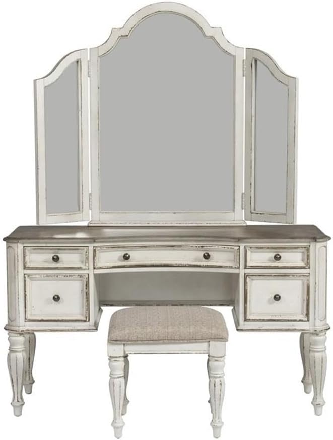Pemberly Row Contemporary Magnolia Manor 3-Piece Vanity Set, Antique White and Weathered Brown Finish, Ivory Tweed Chenille Upholstered Stool, Trifold Mirror, Bedroom Furniture