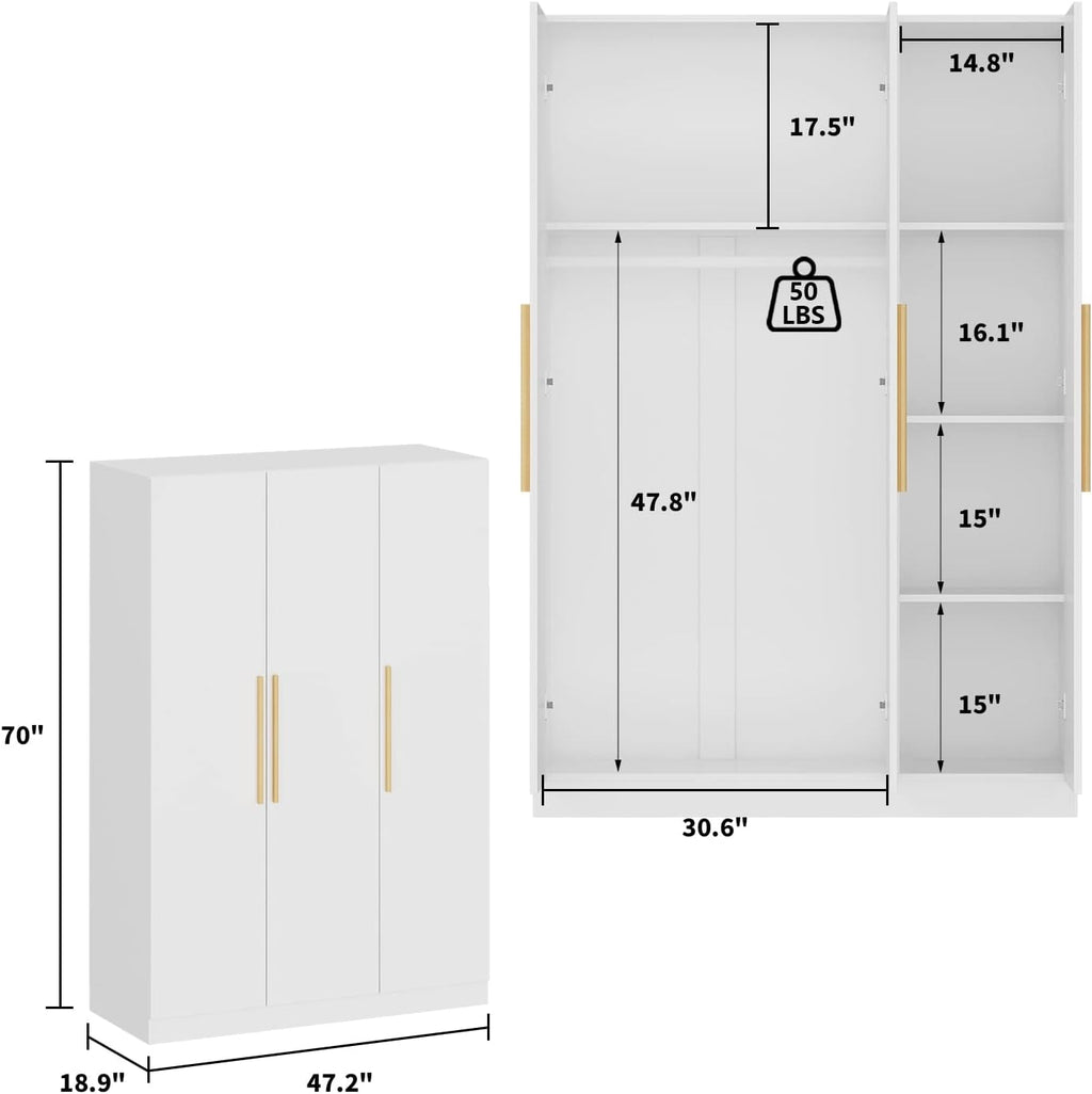AIEGLE 3 Doors Wardrobe Armoire Closet, Large Freestanding Armoire Wardrobe Cabinet with Shelves & 2 Hanging Rod, Bedroom Wood Clothes Storage Cabinet Organizer, White Type B (47' L x 70' H)