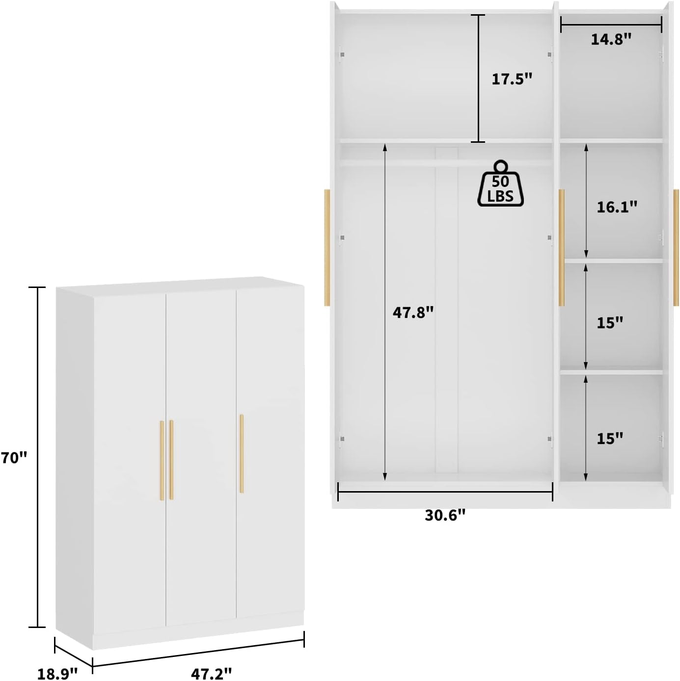 AIEGLE 3 Doors Wardrobe Armoire Closet, Large Freestanding Armoire Wardrobe Cabinet with Shelves & 2 Hanging Rod, Bedroom Wood Clothes Storage Cabinet Organizer, White Type B (47' L x 70' H)