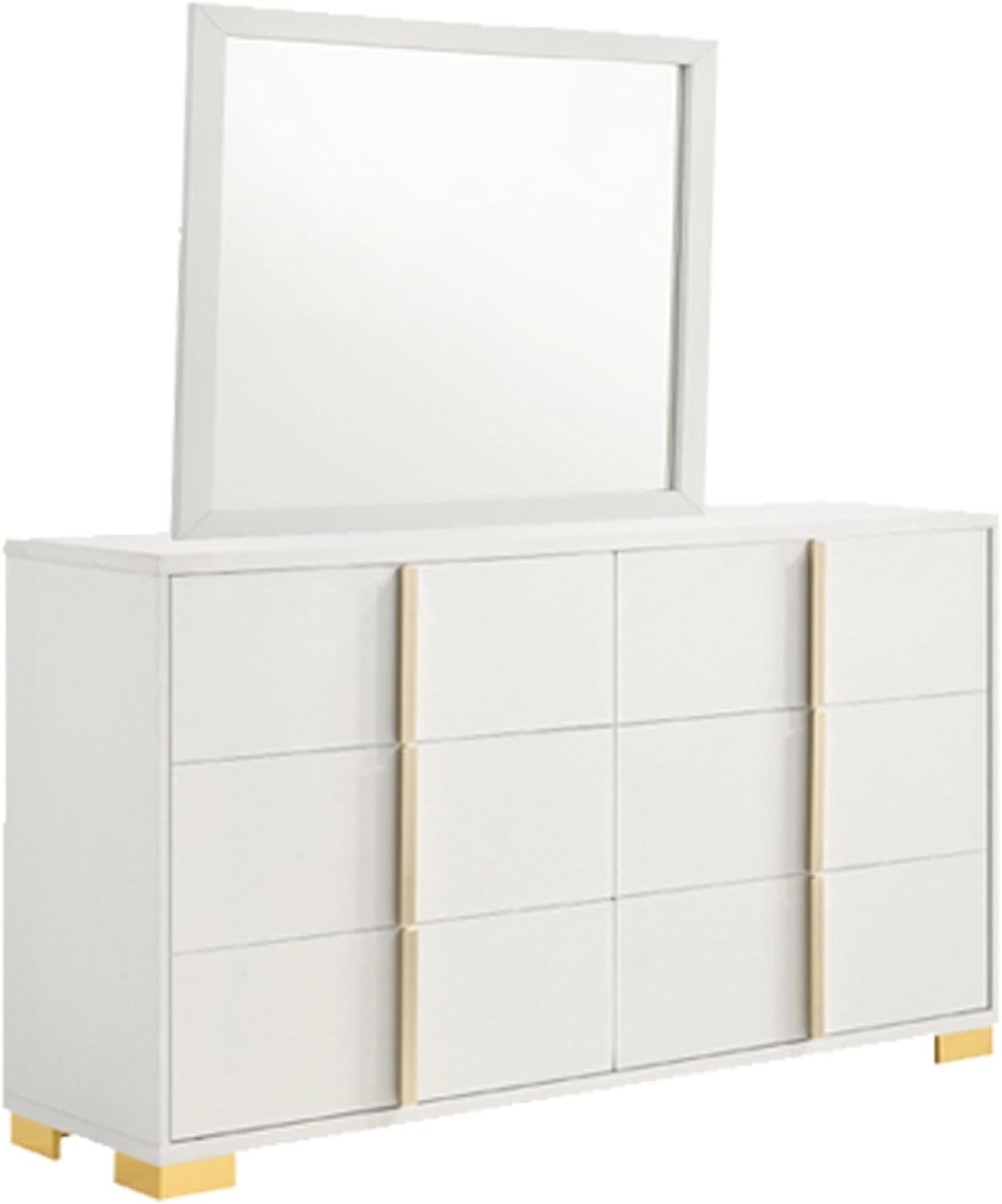 Benjara Dex 4 Piece Full Bedroom Set- White/Gold Accents- LED Headboard
