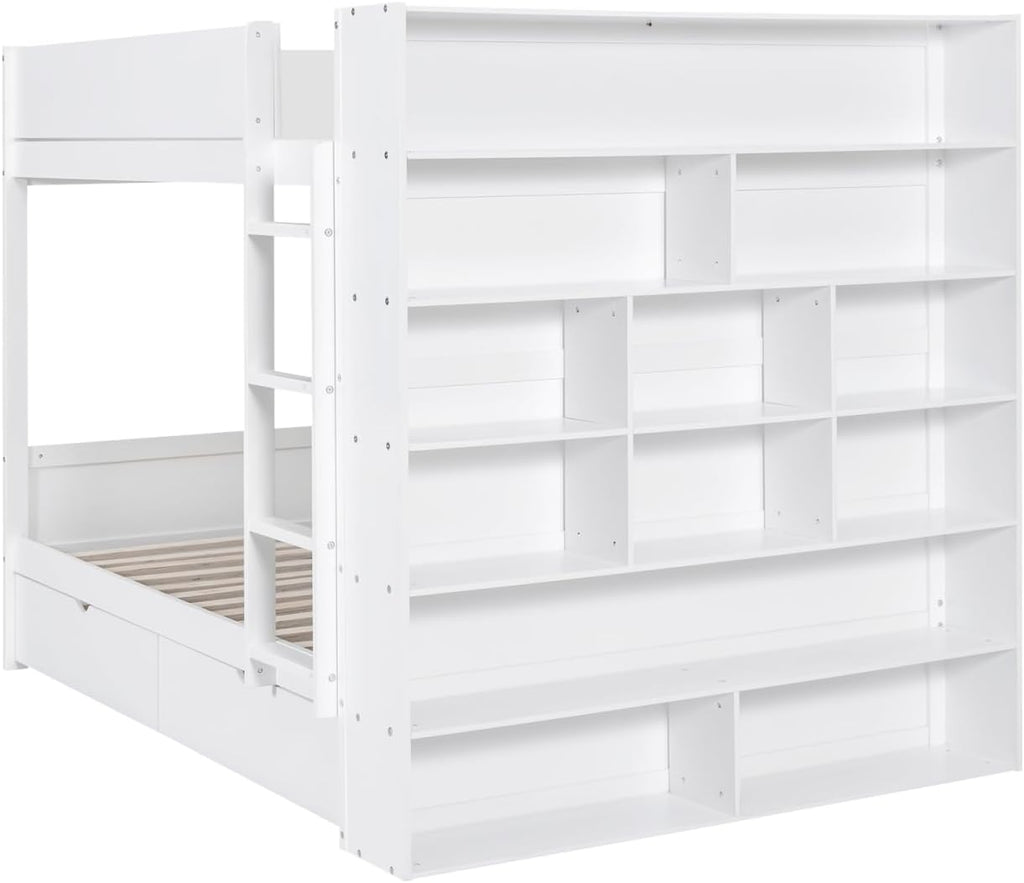 Full Over Full Bunk Bed with Bookcase and Drawers,Wooden All-in-one Furniture Set with Multi-Layer Cabinet for Kids Girls Boys-White
