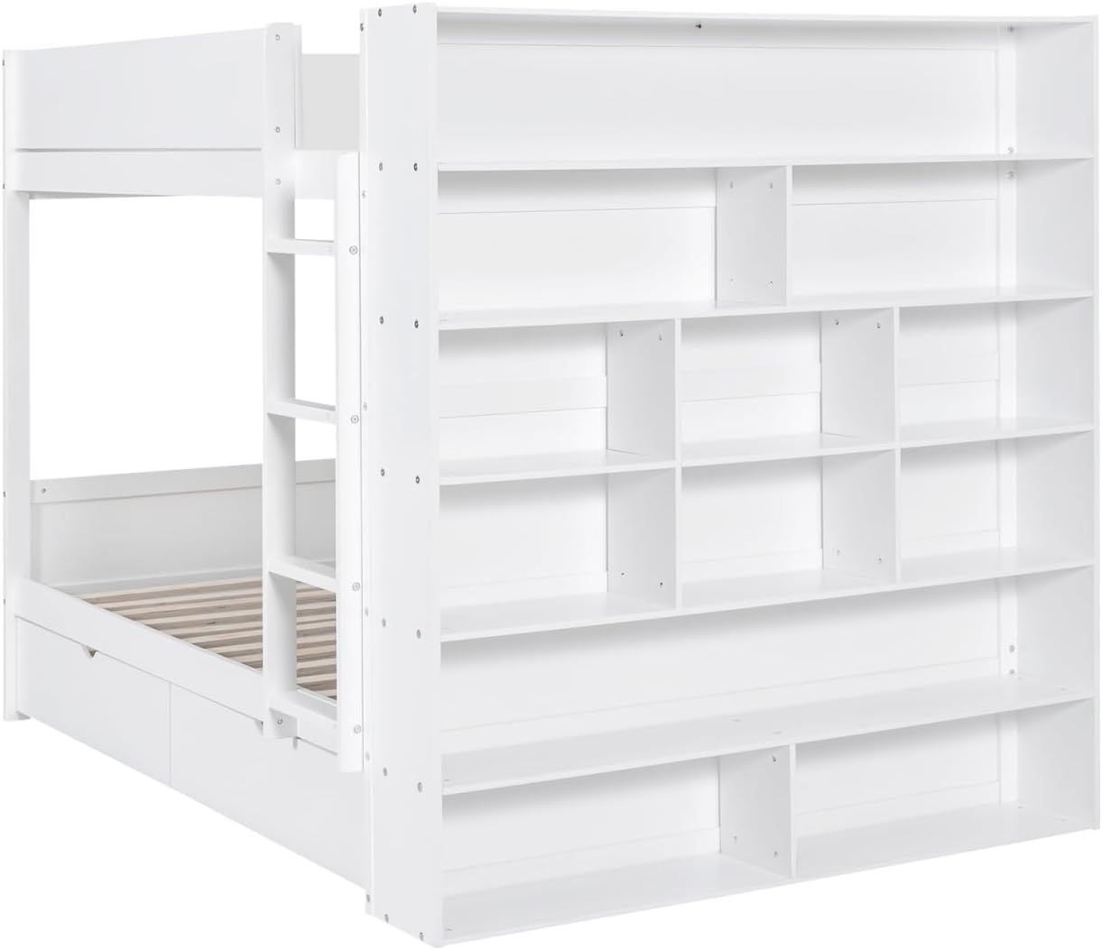 Full Over Full Bunk Bed with Bookcase and Drawers,Wooden All-in-one Furniture Set with Multi-Layer Cabinet for Kids Girls Boys-White