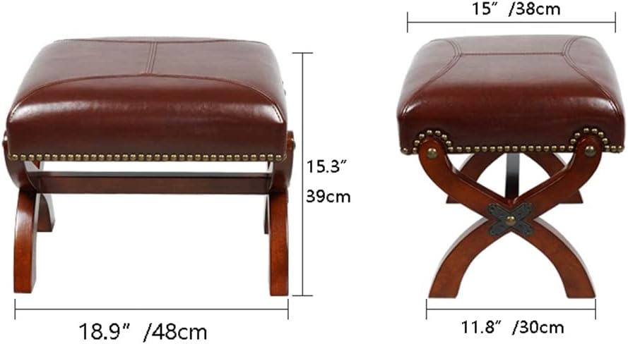 Leather Footrest Wood Ottoman,Rustic Foot Stools Seat, Wood Footstool,Rectangle Footrest Small Ottoman for Living Room Bedroom (Black)