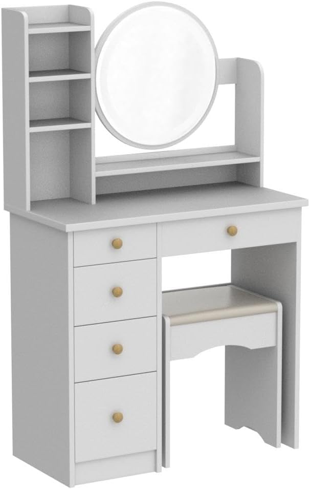 Vanity Desk Set with Lighted Mirror, Makeup Vanity with 5 Drawer & Shelf, Dressing Table with Touch Screen Light & Jewelry Organizer for Bedroom, White (Lighted Mirror)