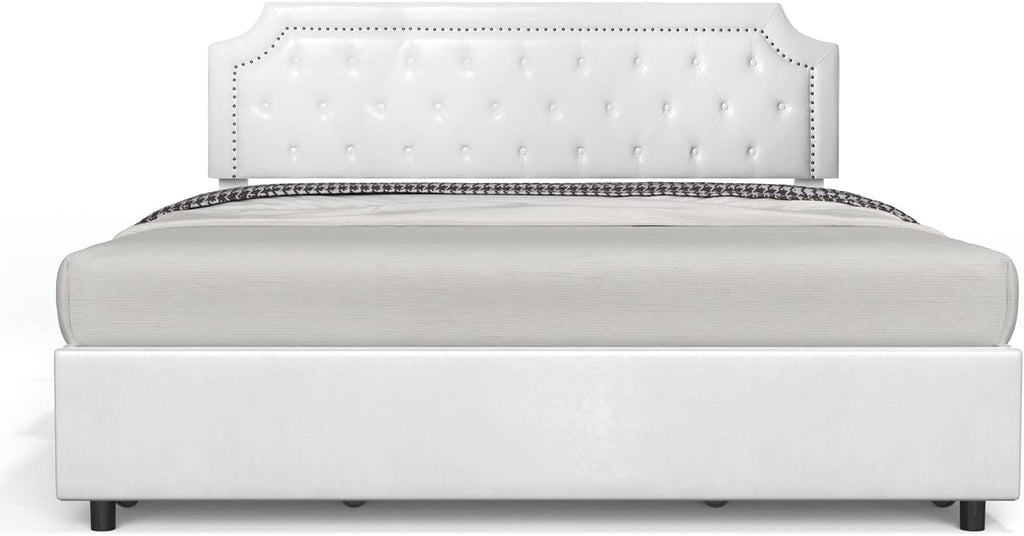 BONSOIR King Size Storage Bed Frame Upholstered Low Profile Traditional Platform with Tufted and Nail Headboard/4 Pull Out Drawers/White Faux Leather