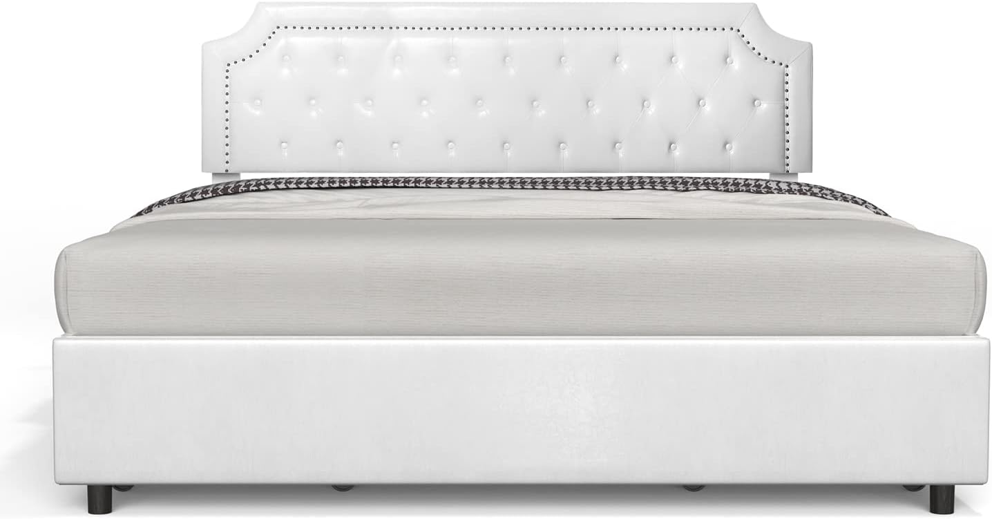 BONSOIR King Size Storage Bed Frame Upholstered Low Profile Traditional Platform with Tufted and Nail Headboard/4 Pull Out Drawers/White Faux Leather