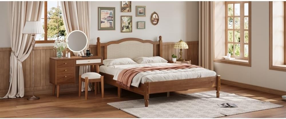 3 Pieces Bedroom Set with Full Size Wooden Bed Frame, 1 Vintage Nightstand and 1 Makeup Vanity Set with Stool,Black (Walnut + Wood + Queen + 3 Piece Set)