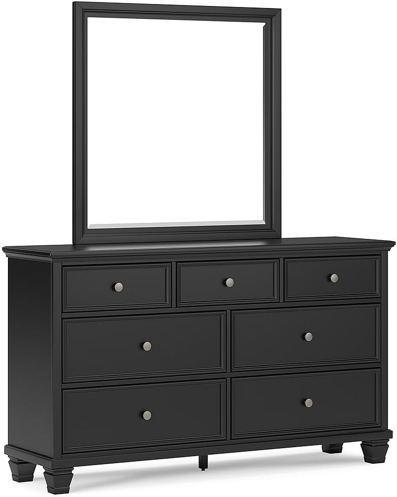 Signature Design by Ashley Lanolee Modern 7-Drawer Dresser and Mirror with Safety Stop, Classic Style, Sturdy Wood, Birch Veneer, Framed Drawer Fronts, Metal Drawer Knobs, Pewter-Tone Finish, Black