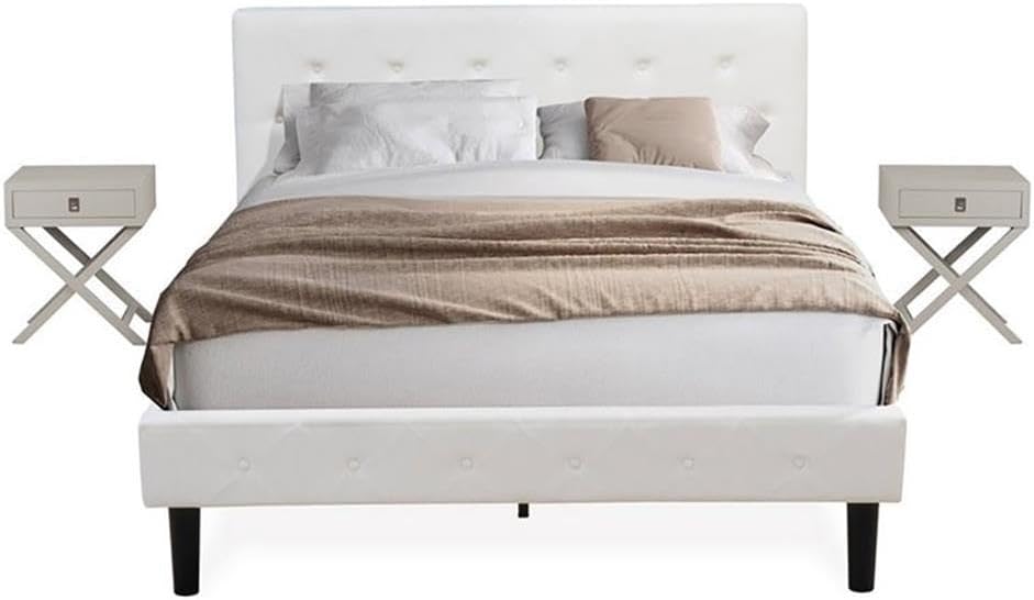 East West Furniture NL19Q-2HA14 3 Piece Bed Set - Button Tufted Queen Size Bed frame - Linen white Velvet Fabric Upholstered Headboard and an Urban Gray Finish Nightstand