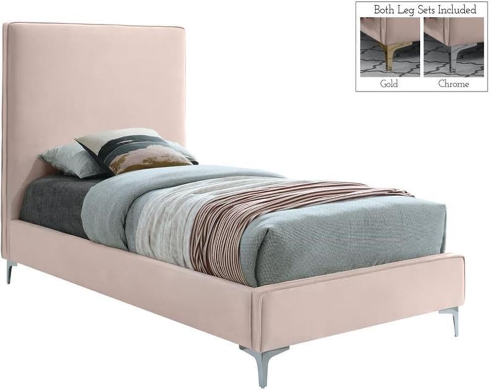 Meridian Furniture Geri Collection Modern | Contemporary Velvet Upholstered Bed with Piping on Headboard and Foorboard in Gold or Chrome Finish, Twin, Pink