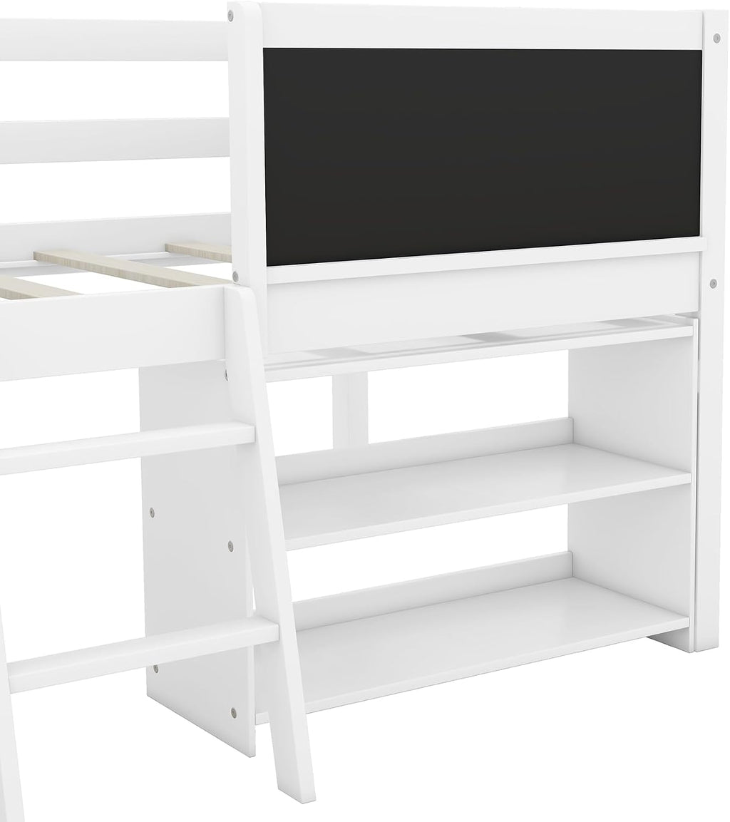 JIVOIT Twin Size Low Loft Bed with Decorative Guardrail Chalkboard, Wooden Loft Bed Frame with Two Movable Shelves and Ladder, Space Saving Design for Kids Teens Bedroom (White & 4 Chalkboard)