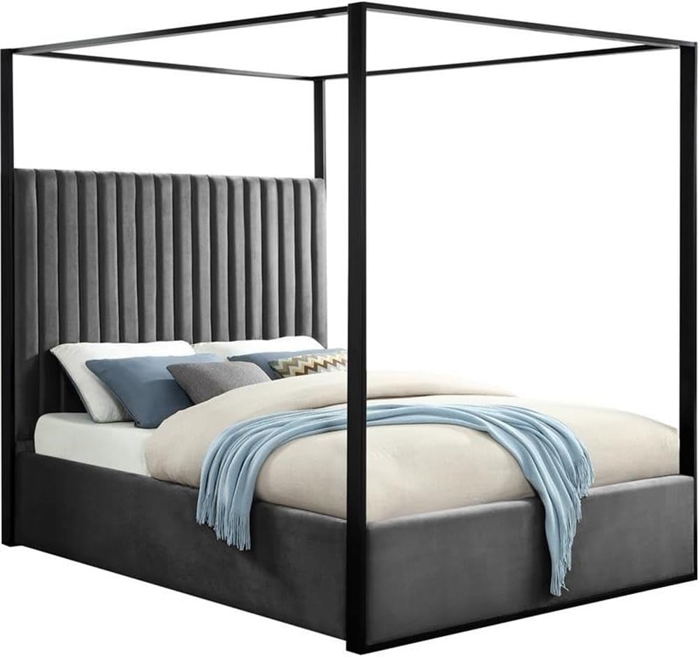 MAKLAINE Contemporary Queen Bed, Solid Wood Frame and Steel Canopy, Gray Velvet Upholstery, Matte Black Finish, Deep Channel Tufting, Full Slats, 66.5' W x 86.5' D x 78.5' H, Bedroom Furniture