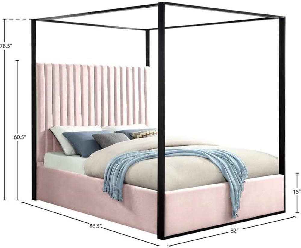 MAKLAINE Contemporary Solid Wood King Canopy Bed, Pink Velvet Upholstery, Matte Black Steel Frame, Channel Tufted Headboard, 82' W x 86.5' D x 78.5' H, Luxurious Bedroom Furniture