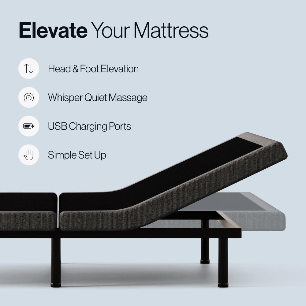Upholstered Premium Adjustable Base with Upgraded Motors, Massage, Wireless Remote, USB Port-Ergonomic Head and Foot Inclines, Split King