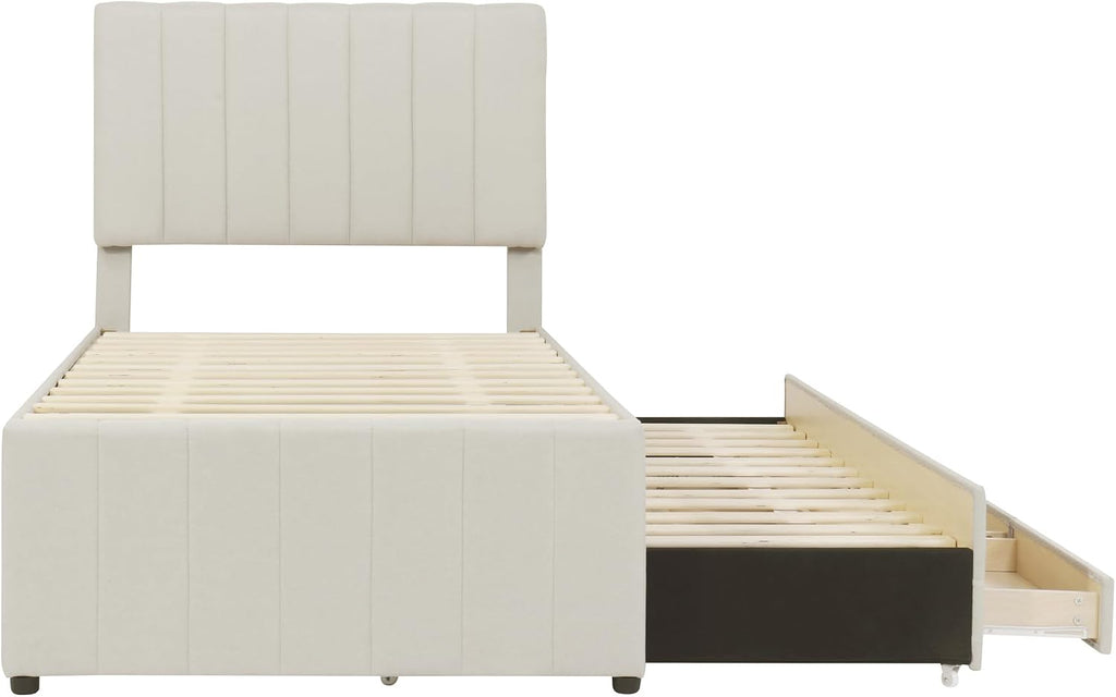 VilroCaz Twin Size Upholstered Platform Bed with Trundle and 3 Drawers, Linen Fabric Platform Bed Frame with Stripe Headboard, No Box Spring Needed, Space Savings (Beige+Li)