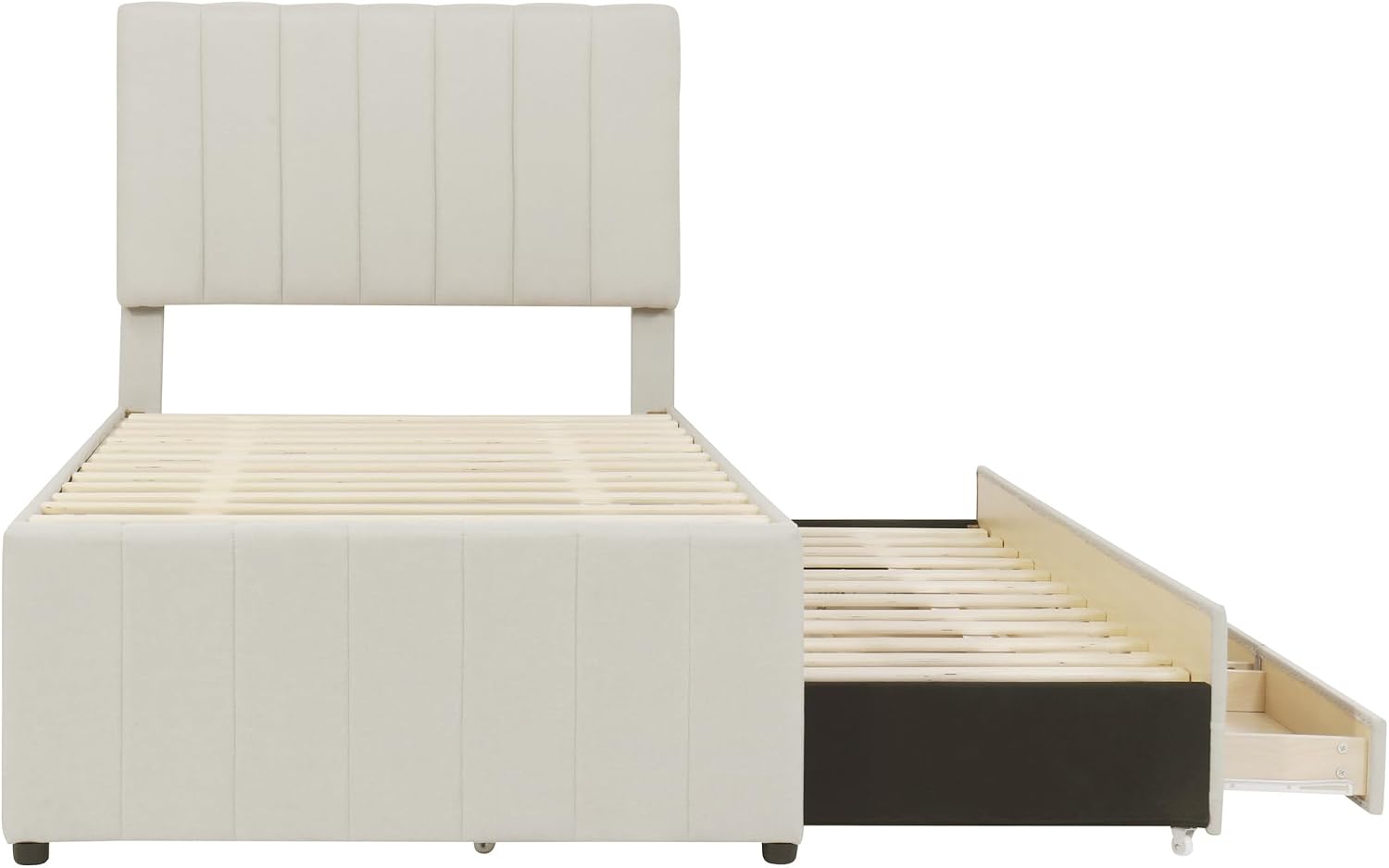 VilroCaz Twin Size Upholstered Platform Bed with Trundle and 3 Drawers, Linen Fabric Platform Bed Frame with Stripe Headboard, No Box Spring Needed, Space Savings (Beige+Li)