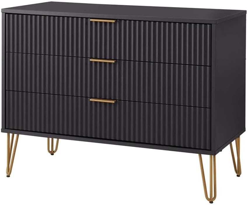 Pemberly Row 2-Piece Bedroom Set, Standard 3-Drawer Dresser and Nightstand, MDF Frame, Black Finish, Textured Ribbed Drawer Fronts, Gold Metal Handles, Splayed Legs, Perfect for Bedroom Storage