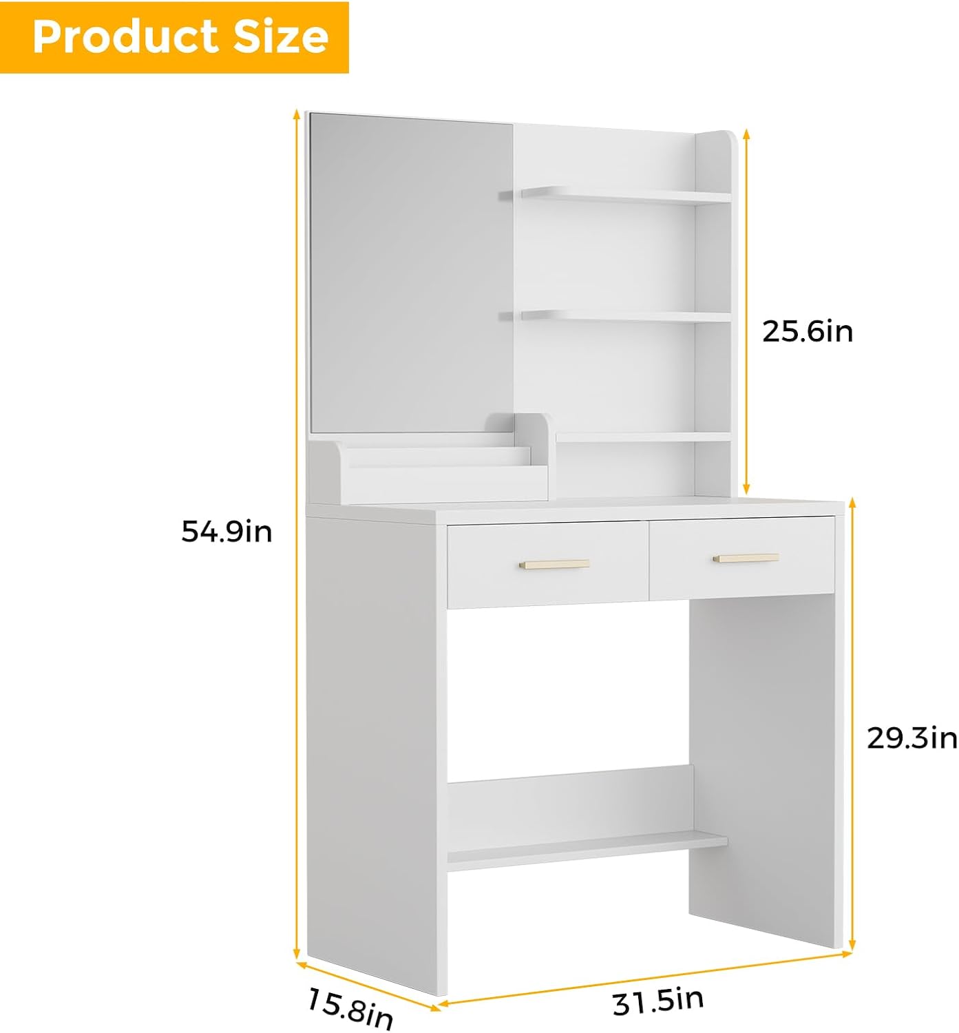 Vanity Desk with Vertical Mirror, White Makeup Table with 2 Drawers Shelves Full-Length Dressing Table Modern Set for Bedroom Dorm Apartment Ideal for Women Girls Teens
