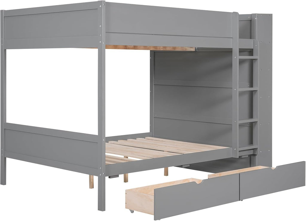 Merax Full Over Full Bunk Bed with 2 Drawers and Multi-Layer Cabinet, Gray