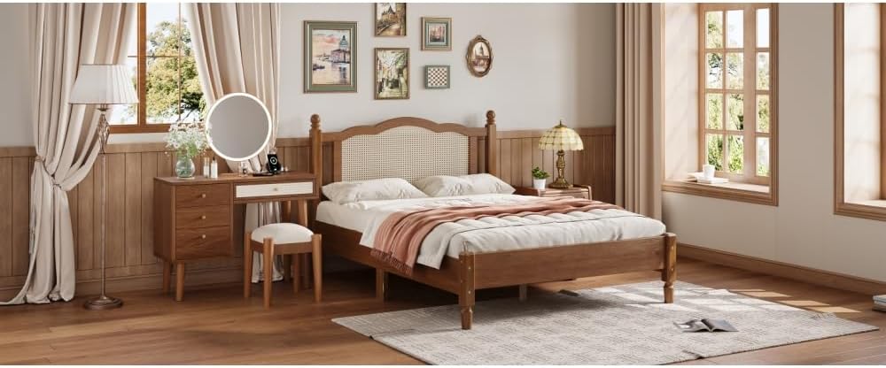 3 Pieces Bedroom Set with Full Size Wooden Bed Frame, 1 Vintage Nightstand and 1 Makeup Vanity Set with Stool,Black (Walnut + Wood + Full + 3 Piece Set)