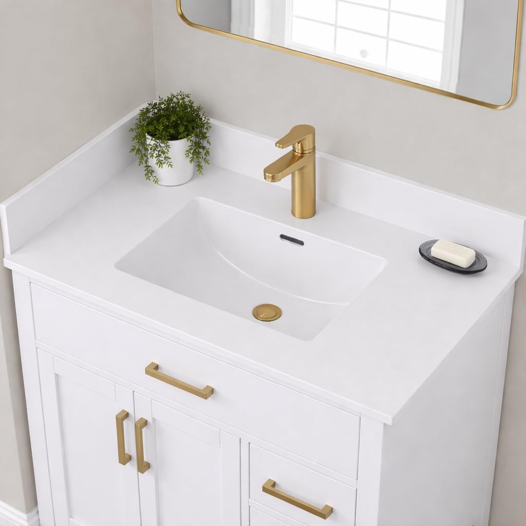 31' Bathroom Vanity Top with Integrated Sink – Solid Surface Resin Streamline Countertop, Single Faucet Hole, Built-in Overflow, Easy-to-Clean Matte White Finish, 31' W x 22' D