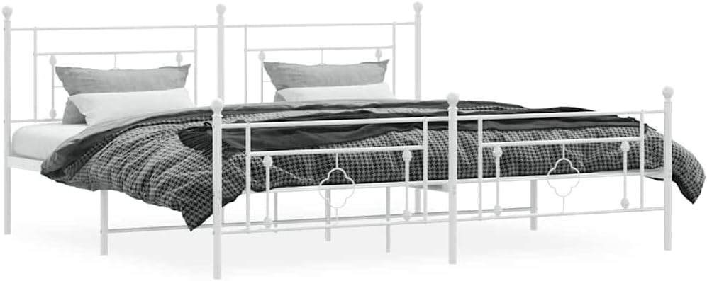 White Powder-Coated Steel Full Bed Frame with Headboard, 76x80 Inches, 4-Piece Set, Durable Metal Platform, Modern Bedroom Furniture