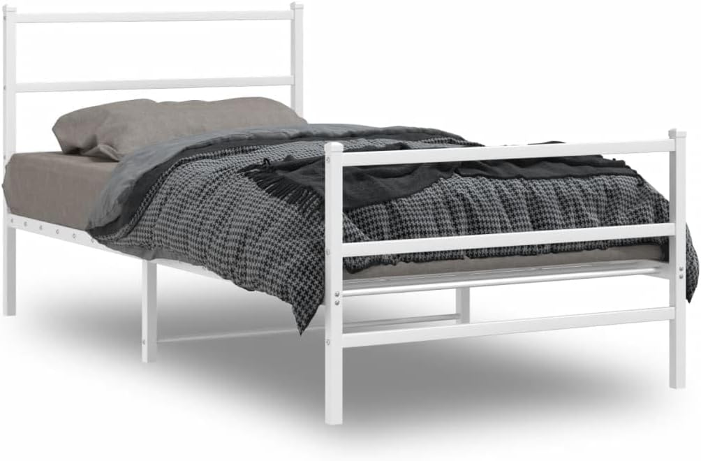 White Steel Twin Bed Frame with Headboard and Footboard, Modern Rectangular Design for Adults and Guests, Sturdy Powder-Coated Metal Construction, Ample Underbed Storage
