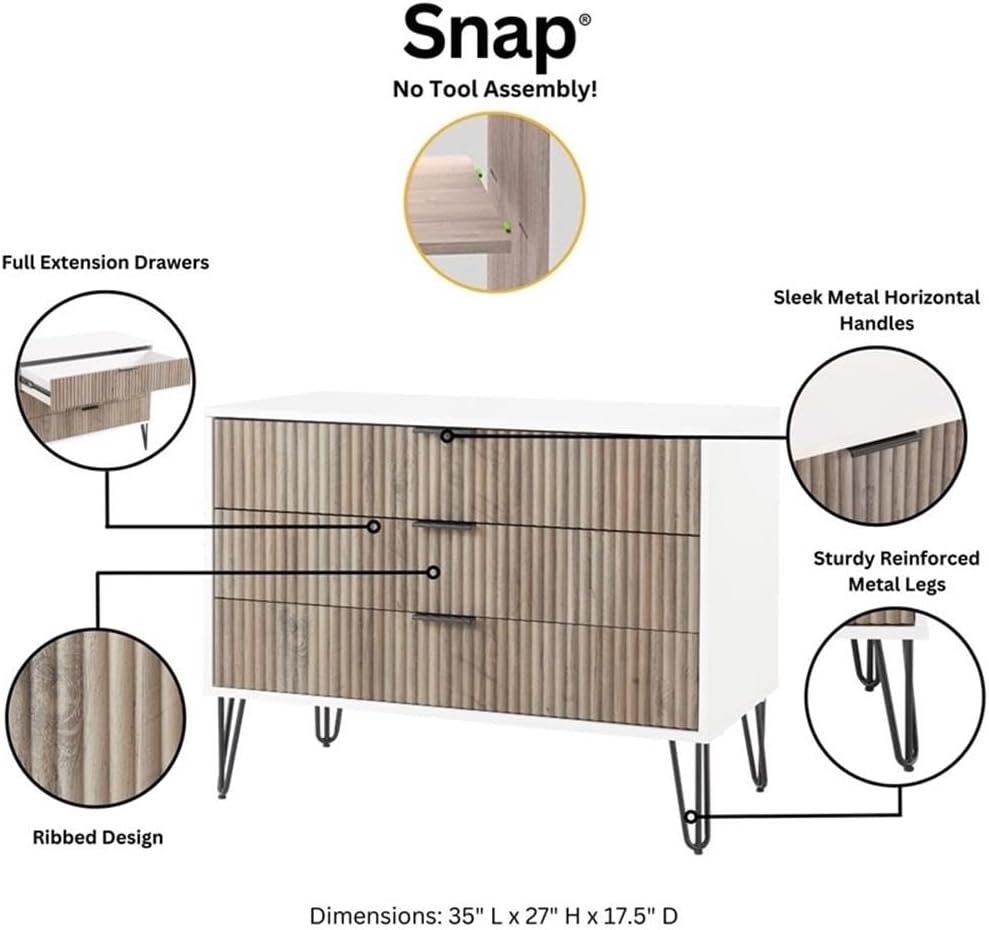 Pemberly Row 2-Piece Bedroom Storage Set, 3-Drawer Dresser 35.19' L & Nightstand 20.07' L, MDF Engineered Wood, Multi-Color Finish, Vertical Ribbed Texture, Black Metal Legs, Modern Glam Style