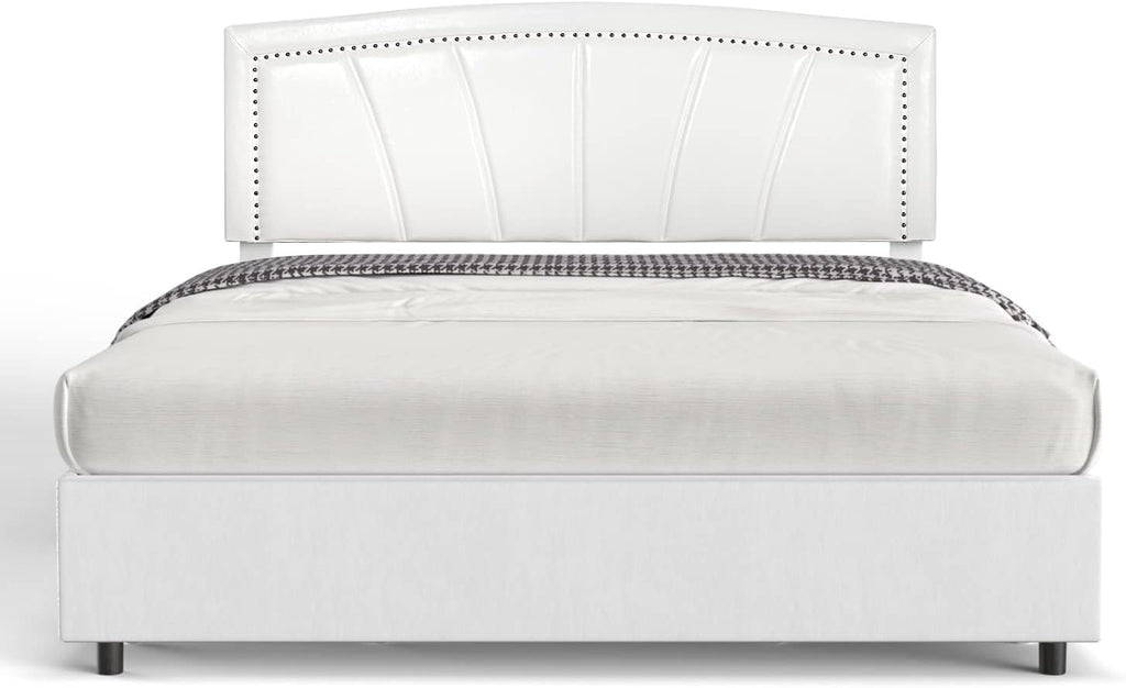 BONSOIR Full Size Storage Bed Frame Upholstered Low Profile Traditional Platform with Tufted and Nail Headboard/No Box Spring Needed/4 Pull Out Drawers/White Faux Leather