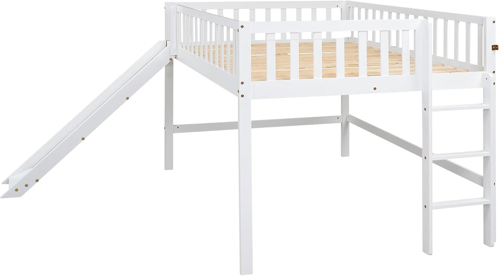 JIVOIT Full Size Wood Loft Bed with Slide, Low Loft Bed with Built-in Ladder and Safety Rails, Space Saving Kids Loft Bed with Underneath Spacious Space, for Kids Boys Girls (White,Full 1)