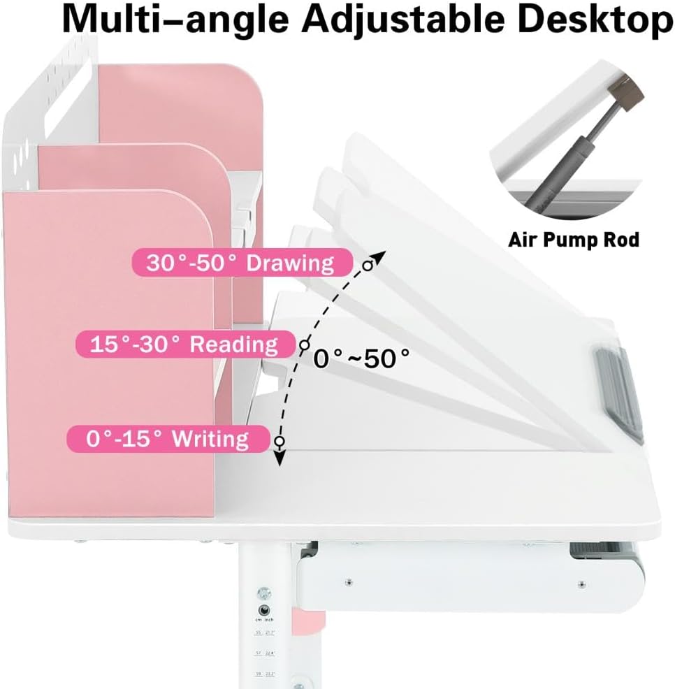 COSVALVE 39in Wide Adjustable Height Kids Desk with Tilting Desktop, Steel Frame, Drawer, and Bookshelf Hutch, Study Child Table for Ages 3-12, Pink