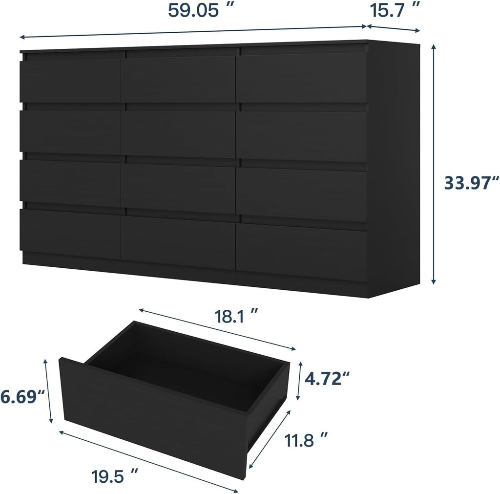 Black 12 Drawer Dresser for Bedroom,Modern Long Deep Drawer Dresser,Wood Storage Chest of Drawer, Storage Organizer Drawers for Bedroom