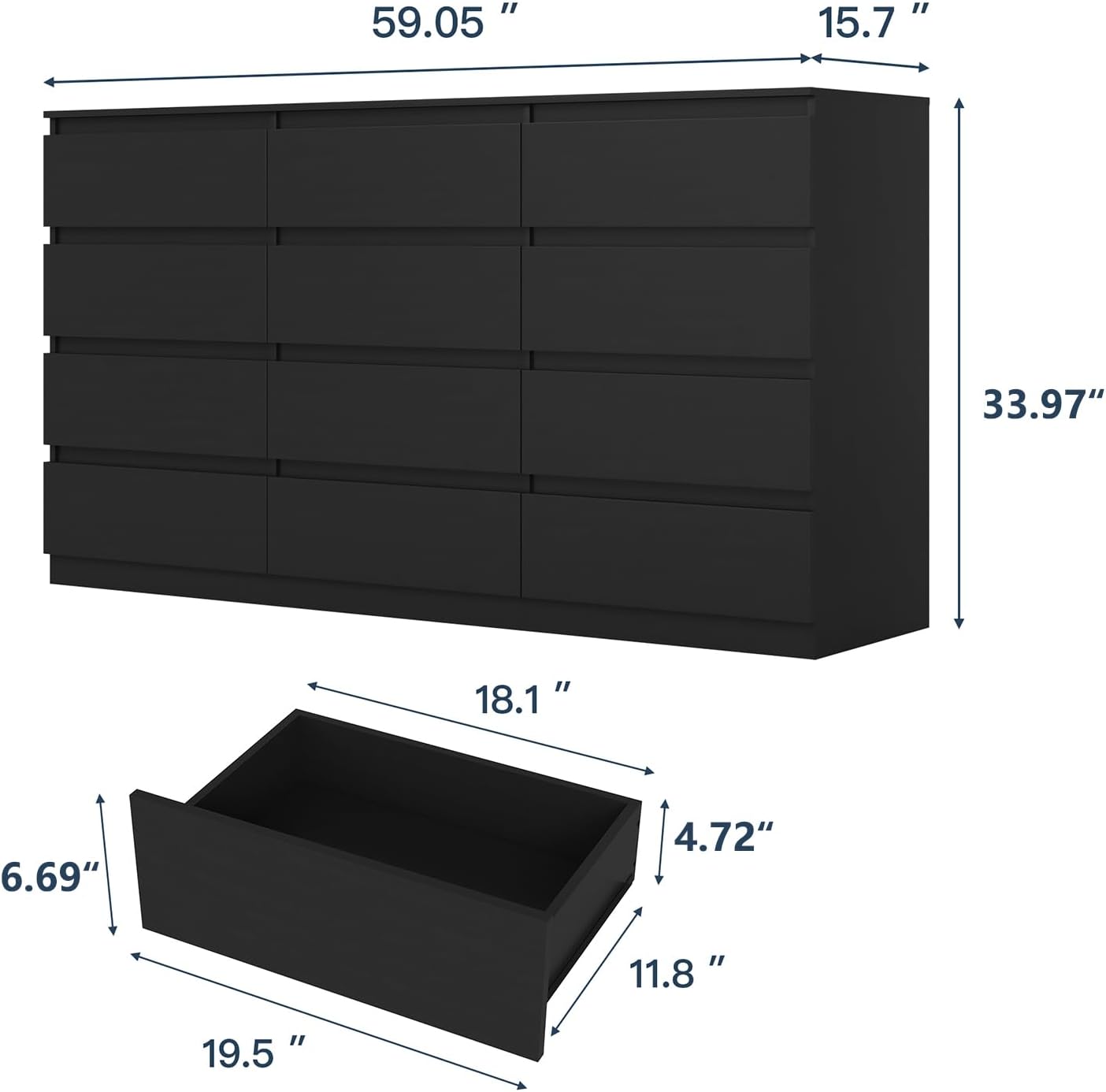 Black 12 Drawer Dresser for Bedroom,Modern Long Deep Drawer Dresser,Wood Storage Chest of Drawer, Storage Organizer Drawers for Bedroom