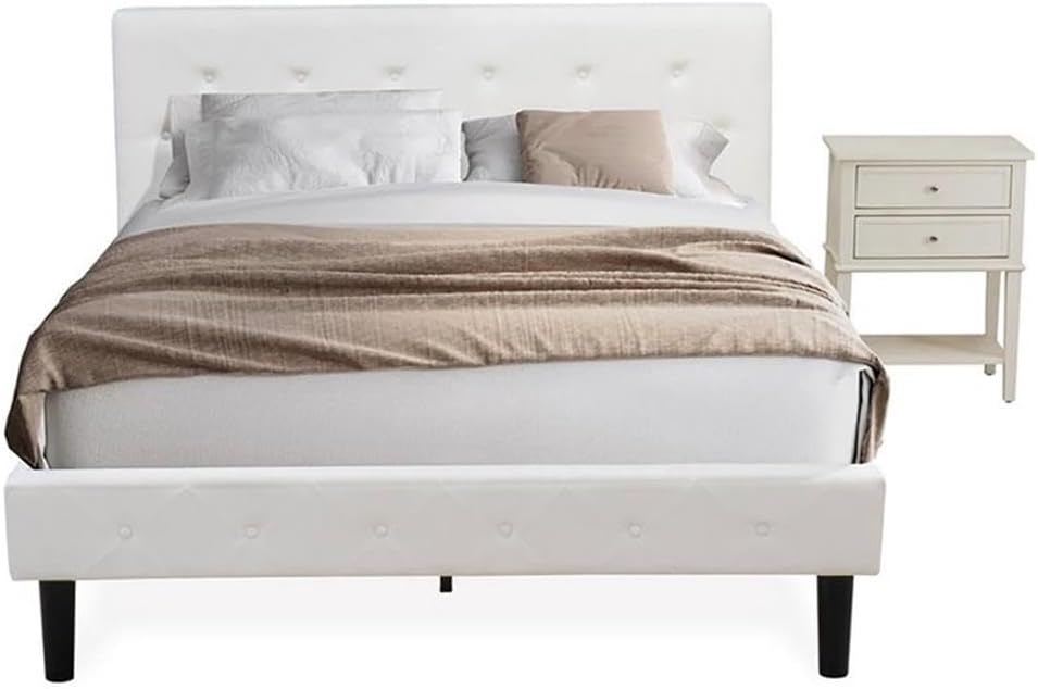 East West Furniture NL19Q-1VL0C 2 Piece Modern Bedroom Set - Button Tufted Modern Bed - Linen white Velvet Fabric Upholstered Headboard and a Wire Brushed Butter Cream Finish Nightstand