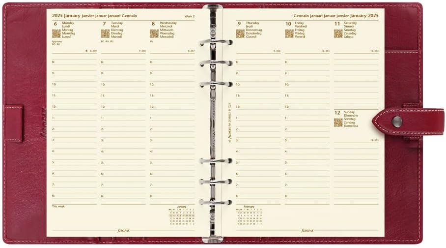 Filofax Malden Organizer, A5 Size, Burgundy - Tactile, Full-Grain Buffalo Leather, Six Rings, Cotton Cream Week-to-View Calendar Diary, Multilingual, 2025 (C021703-25)