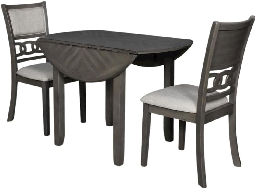 Furnifact Gray 3-Piece Wood Dining Set with Round Drop-Leaf Table and 2 Chairs, Small Space Furniture, Solid Rubberwood, Contemporary Finish